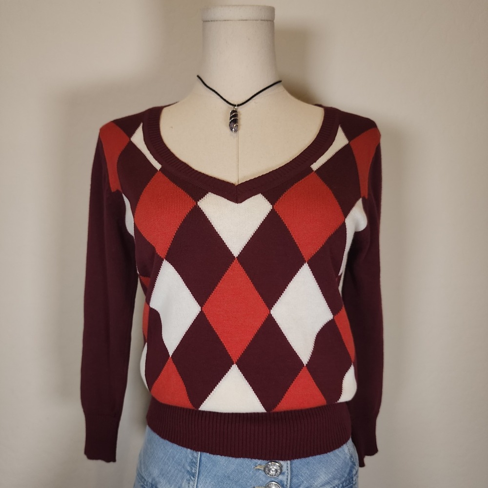 XXI Argyle Sweater Womens Large Maroon Orange White V Neck Long Sleeve Knit